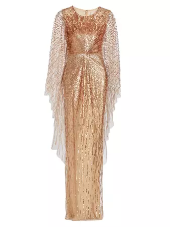 Shop Pamella Roland Cape Sleeve Sequin-Embroidered Gown | Saks Fifth Avenue