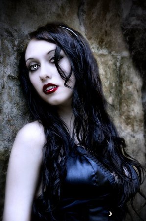 Vampire Goth Girl Silver eyes Black hair Red Lips Fangs