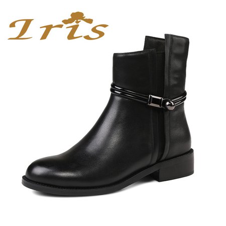 IRIS Flat Black Ankle Boots For Women Genuine Leather Short Boots Women Female Fashion Low Heel
