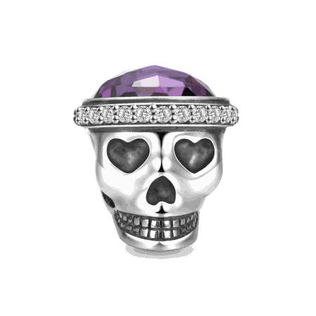Purple Brain Skull Silver Charm with Swarovski Crystal - New