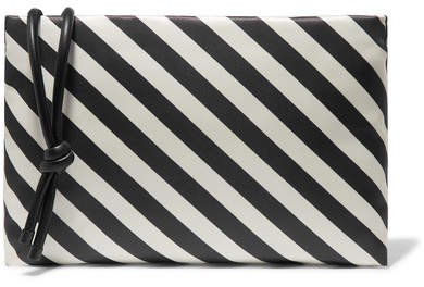 Leather-trimmed Striped Satin Clutch - Black