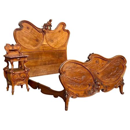 Poseidon and Amphitrite, Art Nouveau Walnut Bed and Nightstand 19th Century For Sale at 1stDibs