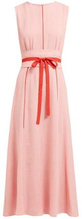 Cefinn - Tie Waist Pleated Voile Midi Dress - Womens - Pink Multi