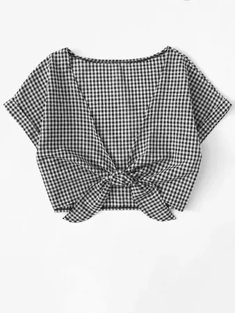 Knot Front Plaid BlouseFor Women-romwe