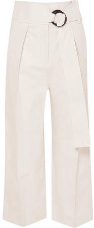 Cropped Belted Leather Wide-leg Pants - White
