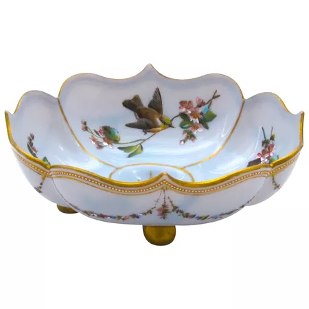Antique Pale Lavender Opaline Glass Dish Decorated with Birds : Grand Tour Antiques | Ruby Lane