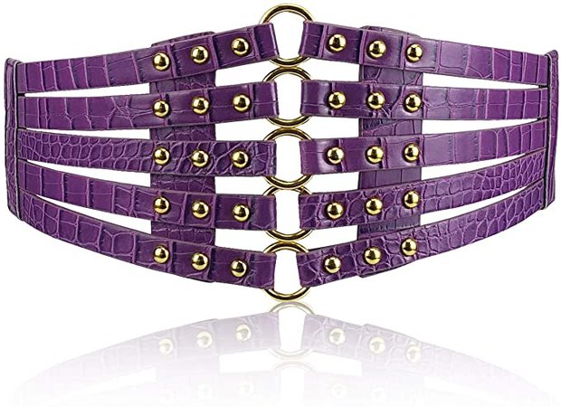 Fashion Women's PU Leather Wide Waist Belt Hollow Out Rivets Stretch Cinch Waistband Purple&Gold at Amazon Women’s Clothing store