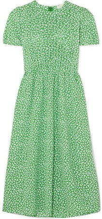 Pleated Printed Crepe Midi Dress - Green
