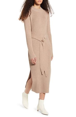 MOON RIVER Long Sleeve Belted Sweater Dress | Nordstrom