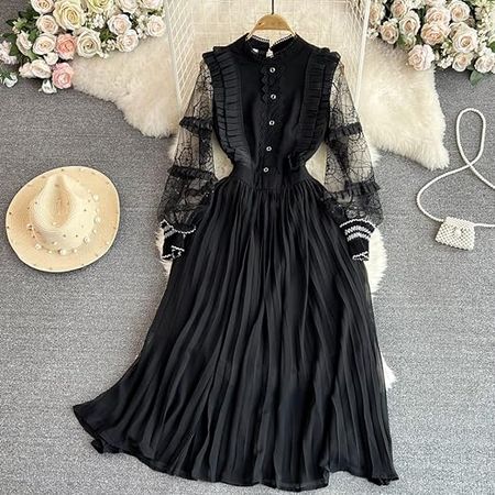 Spring Patchwork Chiffon Pleated Dress Women's Stand Collar Ruffles Long Sleeve Vintage Embroidery Dress at Amazon Women’s Clothing store