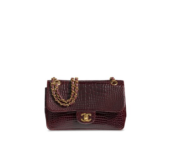 A SHINY BURGUNDY CROCODILE SMALL DOUBLE FLAP BAG WITH GOLD HARDWARE, CHANEL