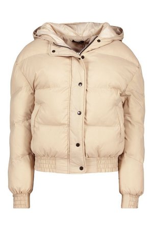 Hooded Short Puffer Jacket | Boohoo stone