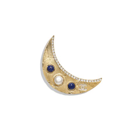 Metal, Glass Pearls & Strass Gold, Pearly White, Blue & Crystal chanel Brooch