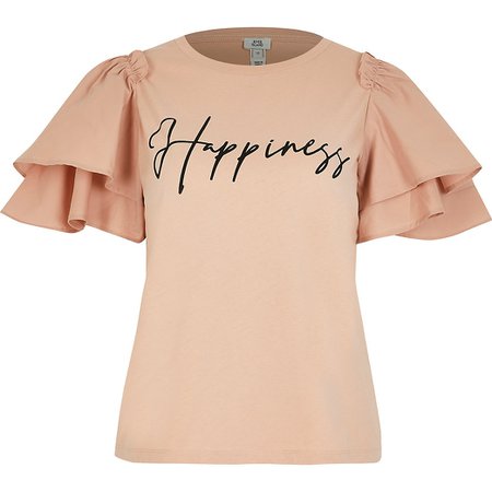 Pink 'Happiness' frill sleeve T-shirt | River Island
