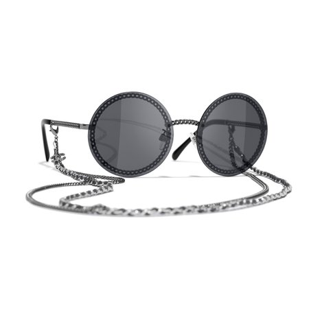 Round Sunglasses, Metal & Calfskin, Silver | CHANEL