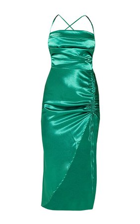 Green Satin Pleated Front Ruched Midi Dress | PrettyLittleThing USA