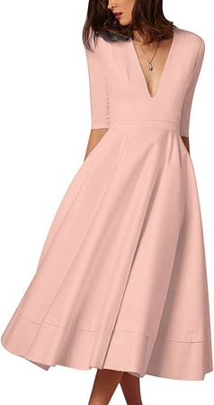 CHICFOR Womens Deep V Neck Dress Half Sleeve Ruched Waist Elegant Tunic Swing Midi Dress at Amazon Women’s Clothing store