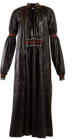 Smocked Leather Midi Dress - Womens - Black Multi