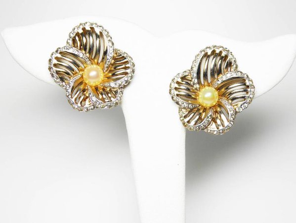 Reserved for RT Signed Jomaz Rhinestone Flower Earrings | Etsy