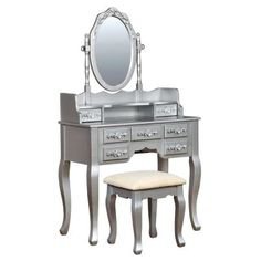 Furniture of America Zehner 2-Piece Silver Oval Mirror Vanity Set