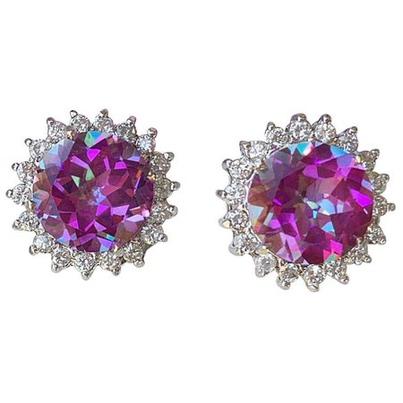 Dazzling Vivid Pink Mystic Topaz Diamond Halo White Gold Earrings For Sale at 1stDibs