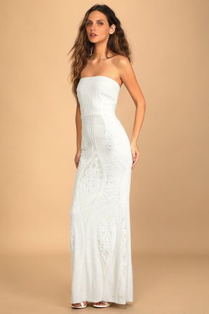 Magnificent Love White Sequin Strapless Maxi Dress Lulus