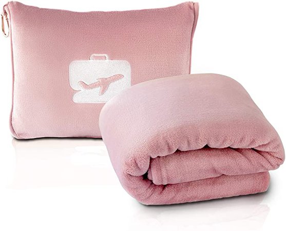Amazon.com: EverSnug Travel Blanket and Pillow - Premium Soft 2 in 1 Airplane Blanket with Soft Bag Pillowcase, Hand Luggage Belt and Backpack Clip (Light Pink): Home & Kitchen
