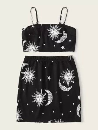 Graphic Print Crop Cami Top & Skirt Set | SHEIN USA