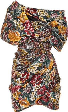 Asymmetric Floral-Brocade Mini Dress
