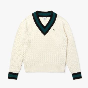 Lacoste  White Wool Blend Live V Neck Cable Knit Sweater
