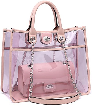 Amazon.com: Large Clear Tote Bag PVC Top Handle Shoulder Bag 2 Pieces Set With Turn Lock Closure (Pink): Shoes