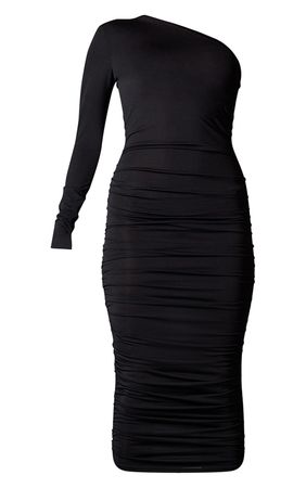 Black Slinky One Shoulder Ruched Midi Dress | PrettyLittleThing USA