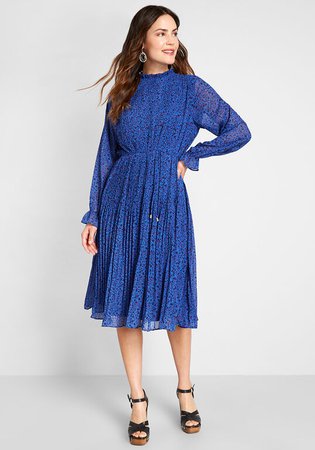 Louche True Blue Pleated Midi Dress Blue Floral | ModCloth