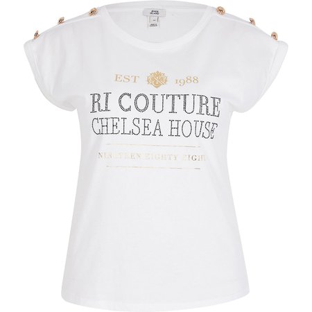 White couture print button sleeve t-shirt | River Island