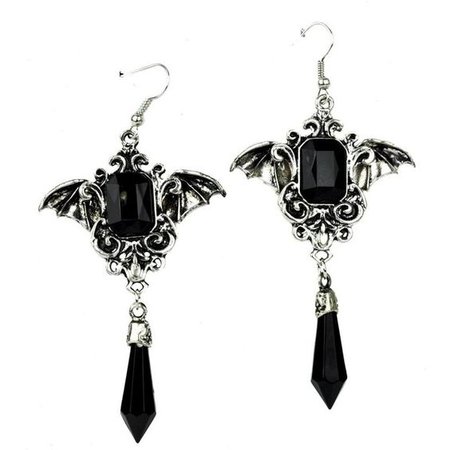 Elegant Bat Earrings with Black Stone Tear Drops