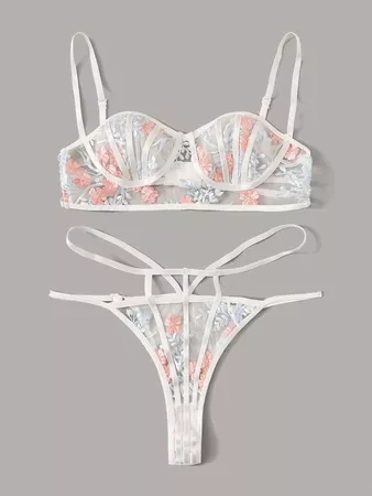 Floral Embroidery Sheer Mesh Lingerie Set | ROMWE