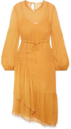 Lurex-trimmed Tiered Crinkled-crepon Midi Dress - Yellow