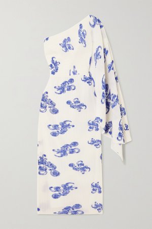 Blue Lila one-shoulder printed plissé-crepe midi dress | Solace London | NET-A-PORTER