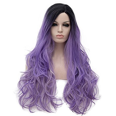 Alacos Synthetic 75CM Long Curly Rainbow Color Ombre Halloween Costumes Cosplay Harajuku Wigs for Women Lady Girl +Free Wig Cap (Purple Highlight)