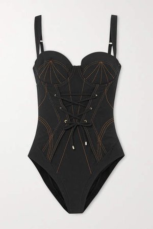 Safiya Lace-up Ribbed Underwired Swimsuit - Black