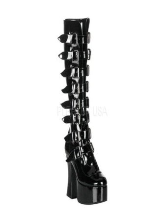 Knee high black metallic buckle platforms