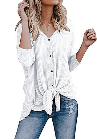 Chvity Womens Waffle Knit Tunic Blouse Tie Knot Henley Tops Loose Fitting Bat Wing Plain Shirts - Google Search