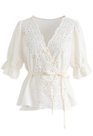 Buttoned Surplice Neck Embroidered Eyelet Top - Retro, Indie and Unique Fashion