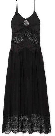 Lace-trimmed Satin And Chiffon Midi Dress - Black