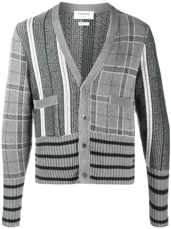 Shop Thom Browne Funmix jacquard classic V-neck cardigan with Express Delivery - FARFETCH
