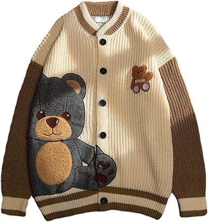 Weierpidan Women Button Up Varsity Sweater Knitted Cardigan Cute Bear Graphic Embroidery Jacket Pullover Top (Apricot, M) at Amazon Women’s Clothing store