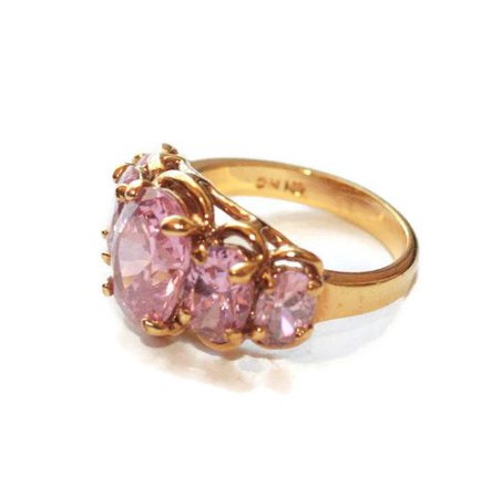 Pink Crystal Ring Multi Stone Gold Plated Setting Size 6 Cocktail Dinner Ring Vintage