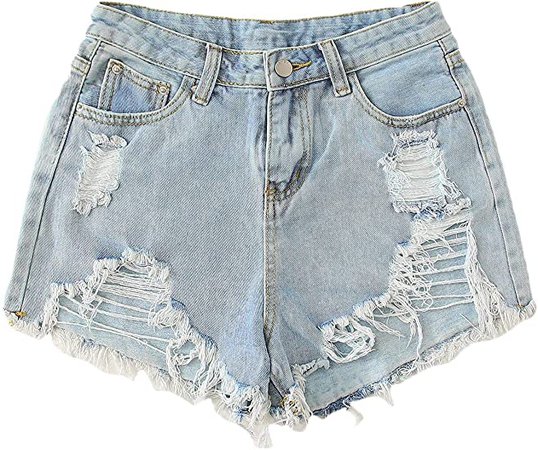 SweatyRocks Women's Casual Ripped Denim Shorts Frayed Raw Hem Jeans Shorts Blue-4 L at Amazon Women’s Clothing store
