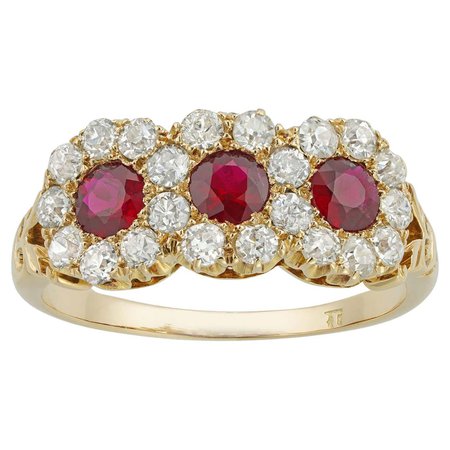 Victorian Ruby and Diamond Triple Cluster Ring For Sale at 1stDibs