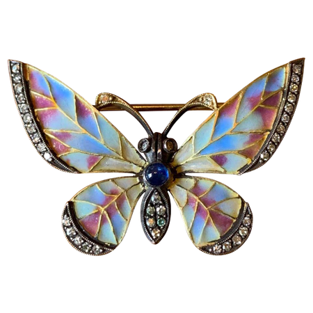 Plique-a-Jour Enamel Sapphire Diamond Butterfly Brooch Art Nouveau 18 Karat Gold
